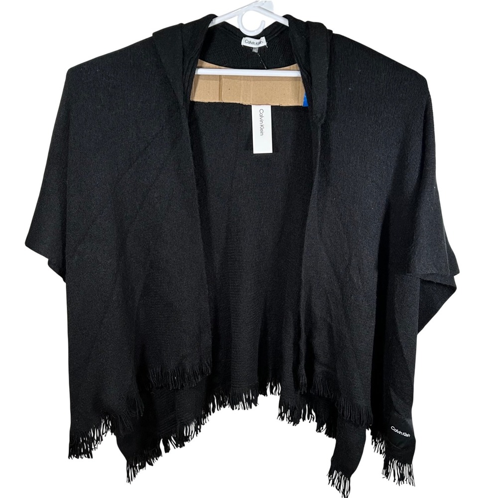 Calvin Klein Black Hooded Wrap Poncho Fringe Trim A4KC6149 One Size New